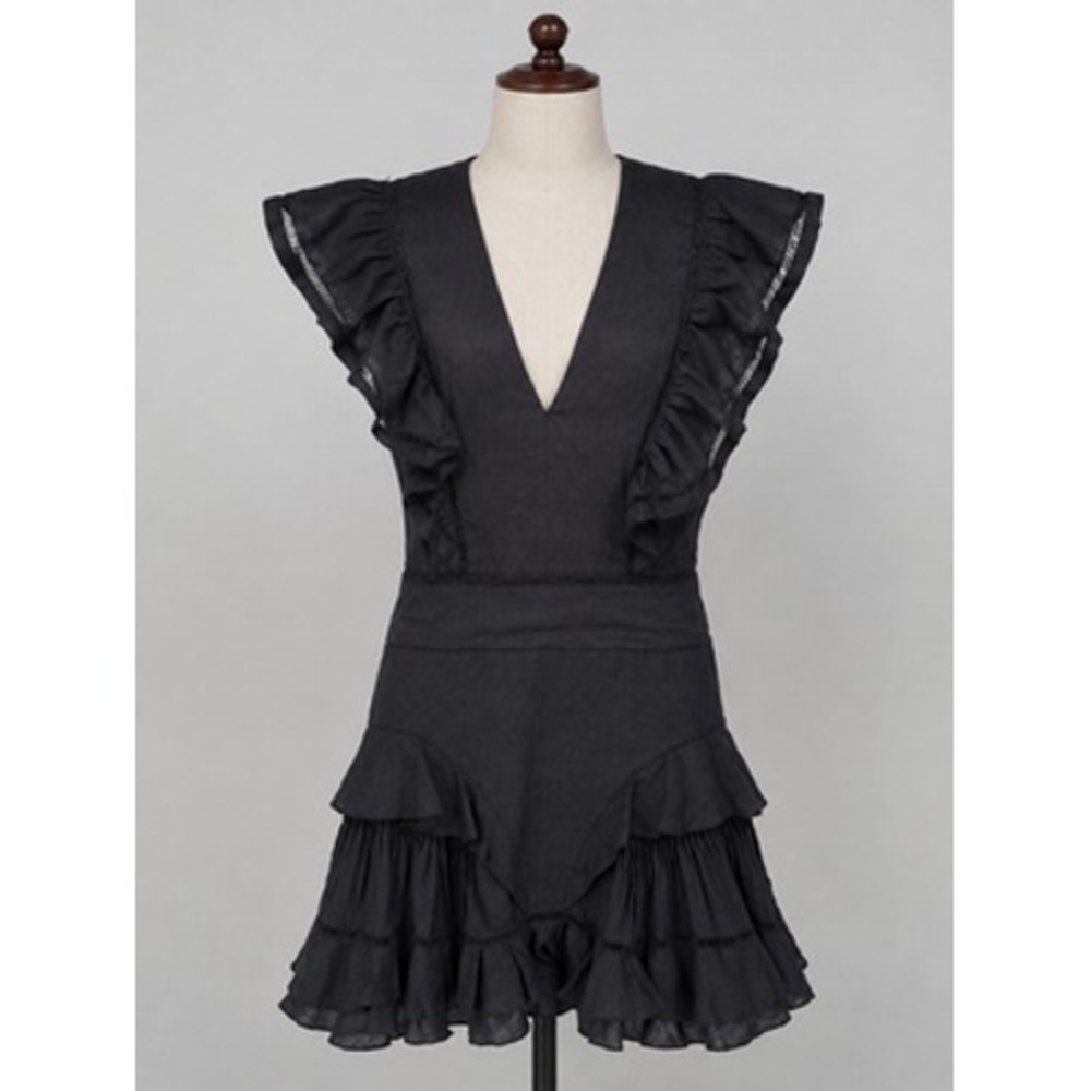 Isabel Étoile Marant Dress S 36 Black VNeck Short Ruffle Linen Fit Flare Audrey
